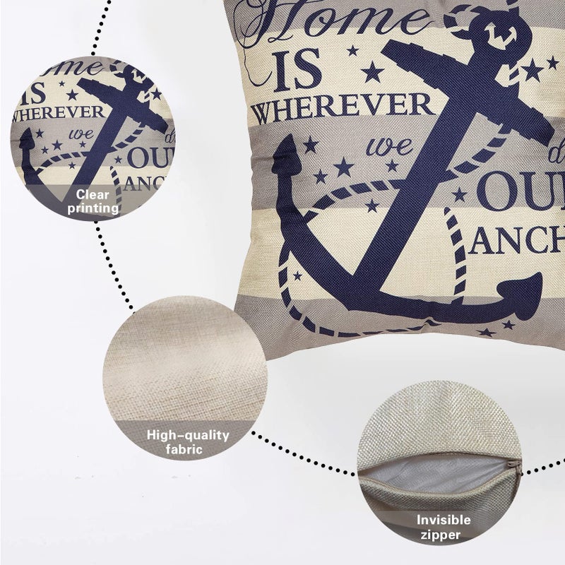 Fjfz Nautical Farmhouse Decorative Throw Pillow Cover 18x18 Home is Wherever We Drop Our Anchor Quote Sign Summer Ocean Cruise Lover Decoration Home Decor Cotton Linen Cushion Case for Sofa Couch - Image 3